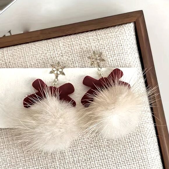 CHRISTMAS HOLIDAY Flocking Ball Bow & Silver Snowflake Dangle Earrings NEW - Picture 4 of 5